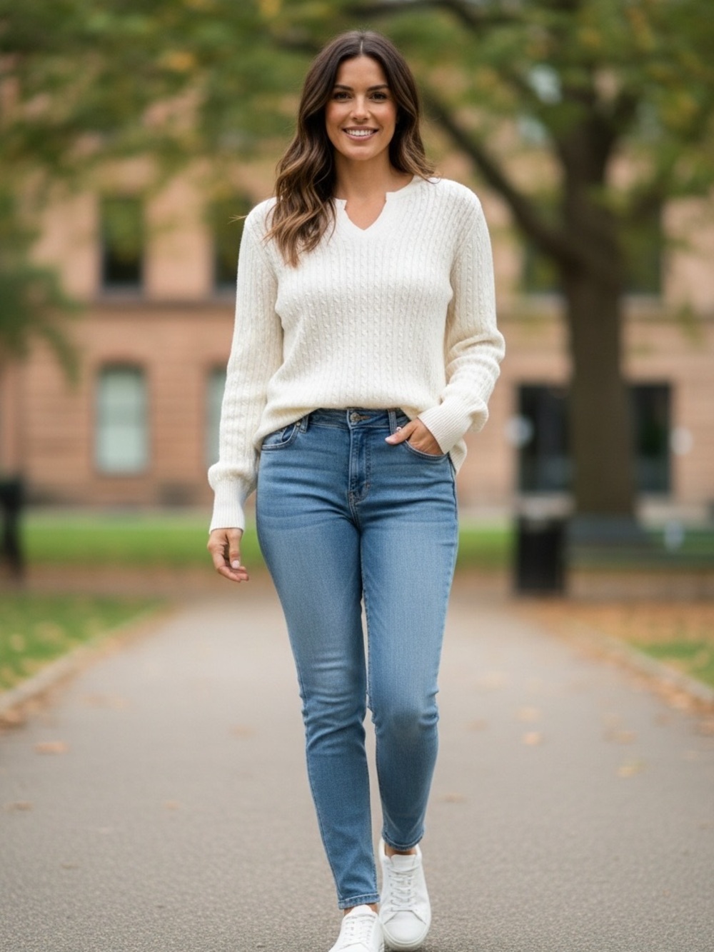 JEANNE PIERRE Cream Cable Knit Scoop Neck Sweater - Picture 1 of 5